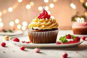 ein Cupcake mit rot Glasur und Kerzen auf ein Platte. KI-generiert foto