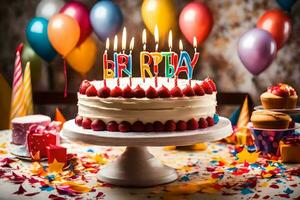 ein Geburtstag Kuchen mit Kerzen auf oben und Luftballons. KI-generiert foto