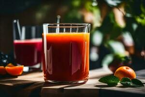 ein Glas von Orange Saft mit Beeren und Blätter. KI-generiert foto