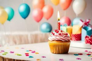 ein Cupcake mit ein zündete Kerze auf ein Tabelle mit Luftballons. KI-generiert foto