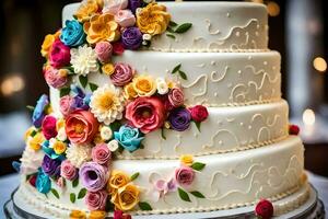 ein Hochzeit Kuchen mit bunt Blumen auf oben. KI-generiert foto