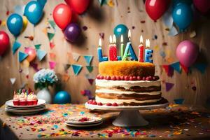 ein Geburtstag Kuchen mit Kerzen auf es und Luftballons. KI-generiert foto