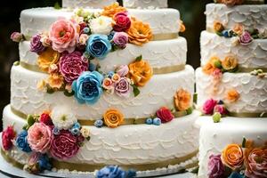 ein Hochzeit Kuchen mit bunt Blumen auf oben. KI-generiert foto