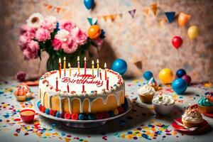 glücklich Geburtstag Kuchen mit Kerzen auf ein Tisch. KI-generiert foto