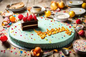 ein Geburtstag Kuchen mit Kerzen und Konfetti auf ein hölzern Tisch. KI-generiert foto