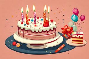 ein Geburtstag Kuchen mit Kerzen und Luftballons. KI-generiert foto