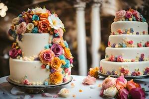 drei Hochzeit Kuchen mit bunt Blumen auf oben. KI-generiert foto