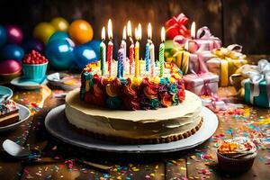 ein Geburtstag Kuchen mit Kerzen auf Es. KI-generiert foto