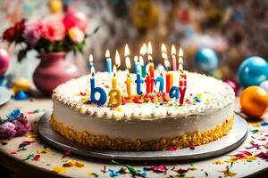 Geburtstag Kuchen mit Kerzen. KI-generiert foto