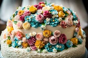 ein Hochzeit Kuchen mit bunt Blumen auf oben. KI-generiert foto