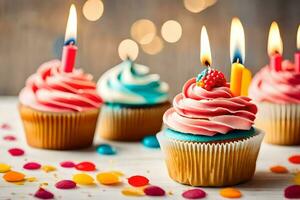 Geburtstag Cupcakes mit Kerzen. KI-generiert foto