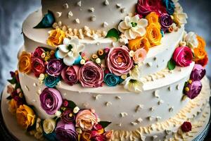 ein Hochzeit Kuchen mit bunt Blumen auf Es. KI-generiert foto