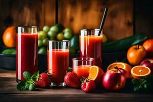 frisch Obst und Saft auf ein hölzern Tisch. KI-generiert foto