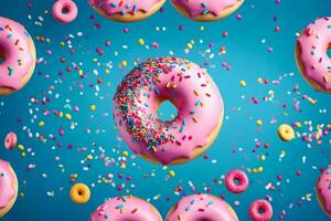 Donuts mit Sträusel auf ein Blau Hintergrund. KI-generiert foto