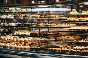 viele anders Typen von Kuchen sind auf Anzeige im ein Glas Fall. KI-generiert foto