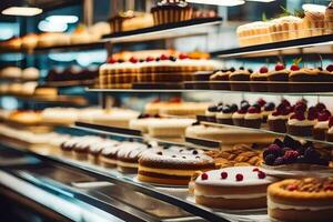 viele anders Typen von Kuchen sind auf Anzeige im ein Bäckerei. KI-generiert foto