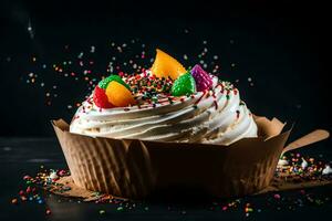 ein Cupcake mit Glasur und Sträusel auf ein schwarz Hintergrund. KI-generiert foto