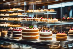 viele anders Typen von Kuchen sind auf Anzeige im ein Bäckerei. KI-generiert foto