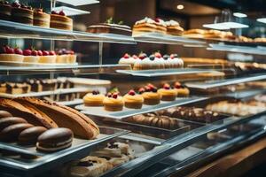 viele anders Typen von Gebäck sind auf Anzeige im ein Bäckerei. KI-generiert foto