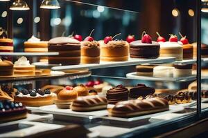 viele anders Typen von Kuchen sind angezeigt im ein Glas Fall. KI-generiert foto