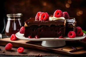 Schokolade Kuchen mit Himbeeren auf ein Platte. KI-generiert foto