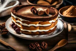 ein Schokolade Kuchen mit Nüsse und Sahne auf ein Platte. KI-generiert foto