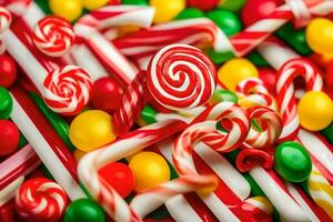 viele anders Typen von Süßigkeiten sind gezeigt im diese Bild. KI-generiert foto