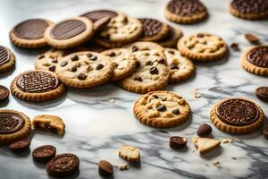 Schokolade Chip Kekse und Oreo Kekse auf ein Marmor Schalter. KI-generiert foto