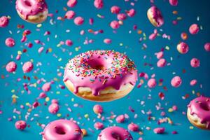 Rosa Donuts mit Sträusel auf ein Blau Hintergrund. KI-generiert foto