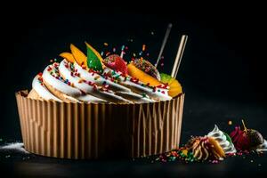 ein Cupcake mit ausgepeitscht Sahne und Sträusel auf ein schwarz Hintergrund. KI-generiert foto