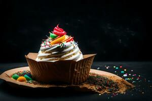 ein Cupcake mit Sträusel und Glasur auf ein schwarz Hintergrund. KI-generiert foto