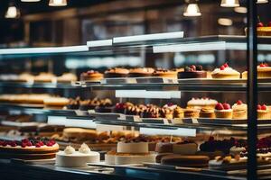 ein Bäckerei Anzeige Fall mit viele anders Typen von Kuchen. KI-generiert foto