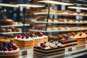 viele anders Typen von Kuchen sind auf Anzeige im ein Bäckerei. KI-generiert foto