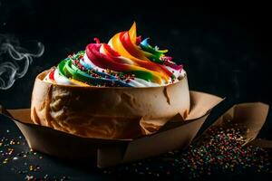 ein Cupcake mit Regenbogen Sträusel und Rauch. KI-generiert foto