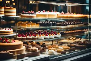 viele anders Typen von Kuchen sind auf Anzeige im ein Glas Fall. KI-generiert foto