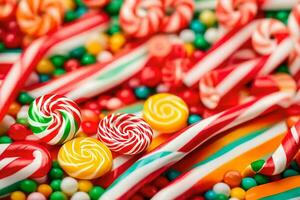 viele bunt Süßigkeiten Süßigkeiten sind vereinbart worden im ein Haufen. KI-generiert foto