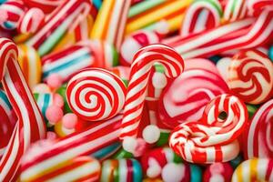 ein schließen oben von viele bunt Süßigkeiten Süßigkeiten. KI-generiert foto