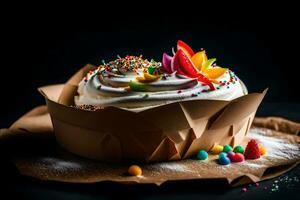 ein Kuchen mit Weiß Glasur und Sträusel auf ein schwarz Hintergrund. KI-generiert foto