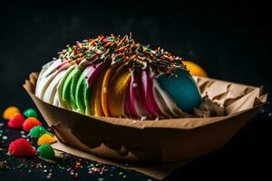 ein bunt Kuchen mit Sträusel auf oben. KI-generiert foto