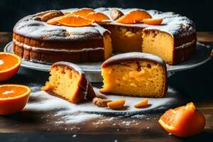 Orange Kuchen mit Scheiben auf ein Platte. KI-generiert foto