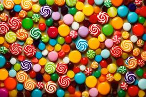 bunt Süßigkeiten Süßigkeiten sind vereinbart worden im ein Muster. KI-generiert foto