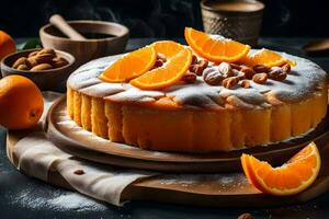 ein Kuchen mit Orangen und Mandeln auf ein hölzern Tafel. KI-generiert foto