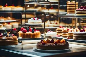 viele anders Typen von Kuchen sind auf Anzeige im ein Glas Fall. KI-generiert foto