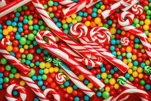 viele Süßigkeiten Stöcke und Süßigkeiten Lutscher sind verstreut auf ein rot Hintergrund. KI-generiert foto