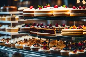 viele anders Typen von Kuchen sind auf Anzeige im ein Bäckerei. KI-generiert foto