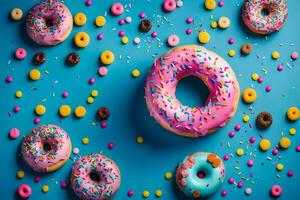 bunt Donuts auf ein Blau Hintergrund. KI-generiert foto