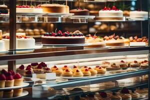 viele anders Typen von Kuchen sind auf Anzeige im ein Bäckerei. KI-generiert foto