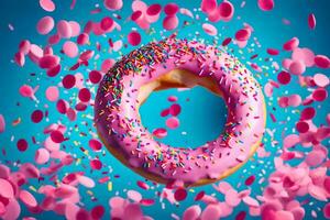 ein Rosa Krapfen mit Sträusel ist umgeben durch Rosa Konfetti. KI-generiert foto