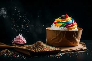 ein Cupcake mit Regenbogen Glasur und Sträusel auf ein schwarz Hintergrund. KI-generiert foto