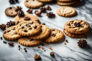 Schokolade Chip Kekse auf ein Marmor Arbeitsplatte. KI-generiert foto